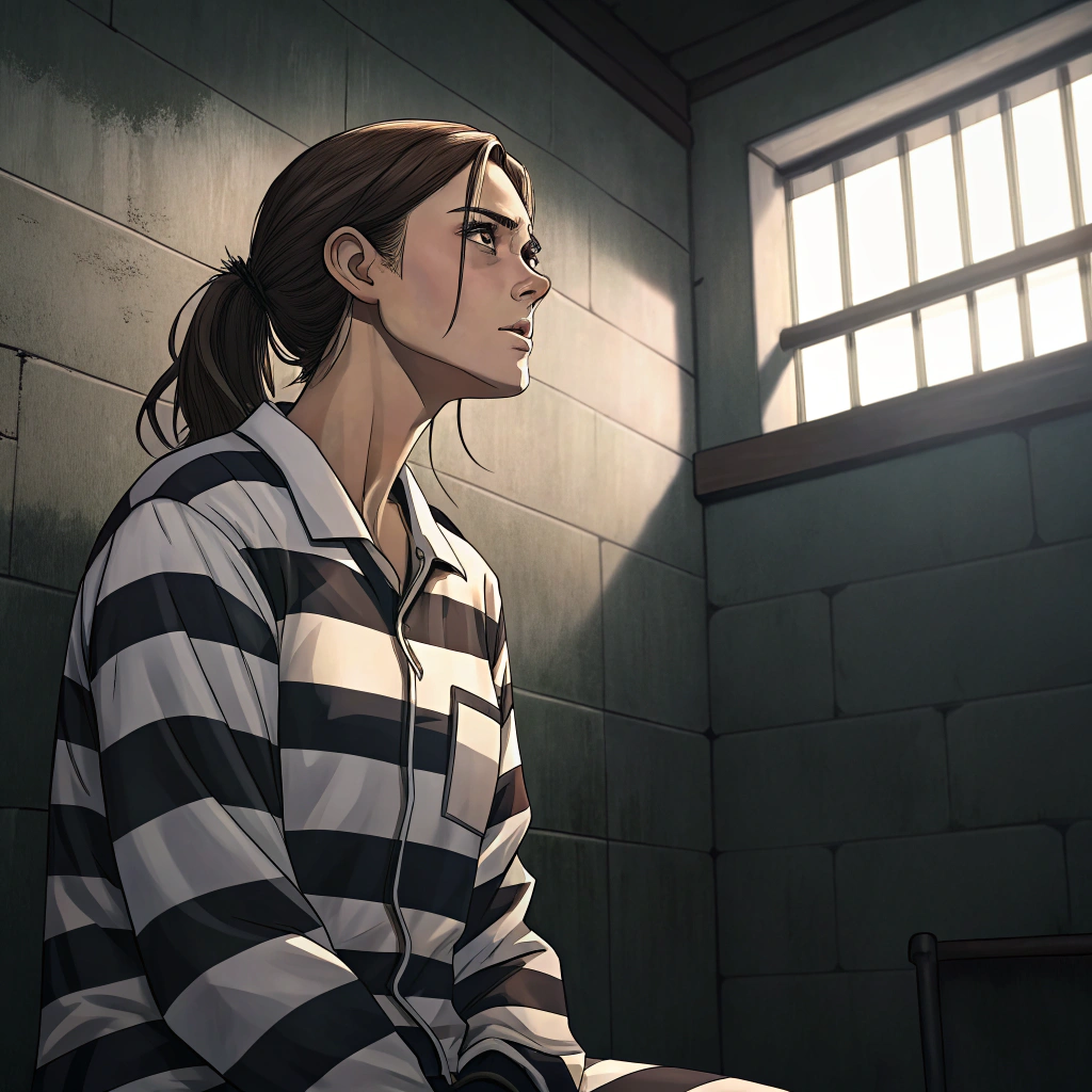 AI generated image by Red Panda AI: Anime woman in a prison cell wearing a black and white striped prison jumpsuit.
