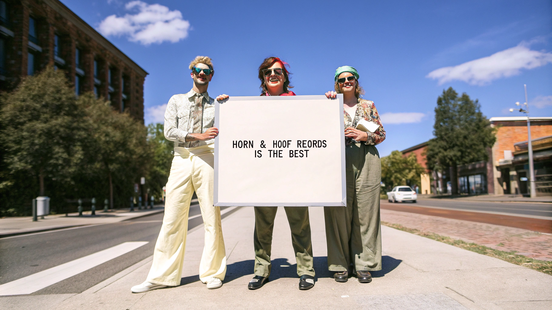 AI generated image by Red Panda AI: 3 punks on the street in Manchester, holding a sign saying "Horn & Hoof Records is the BEST"