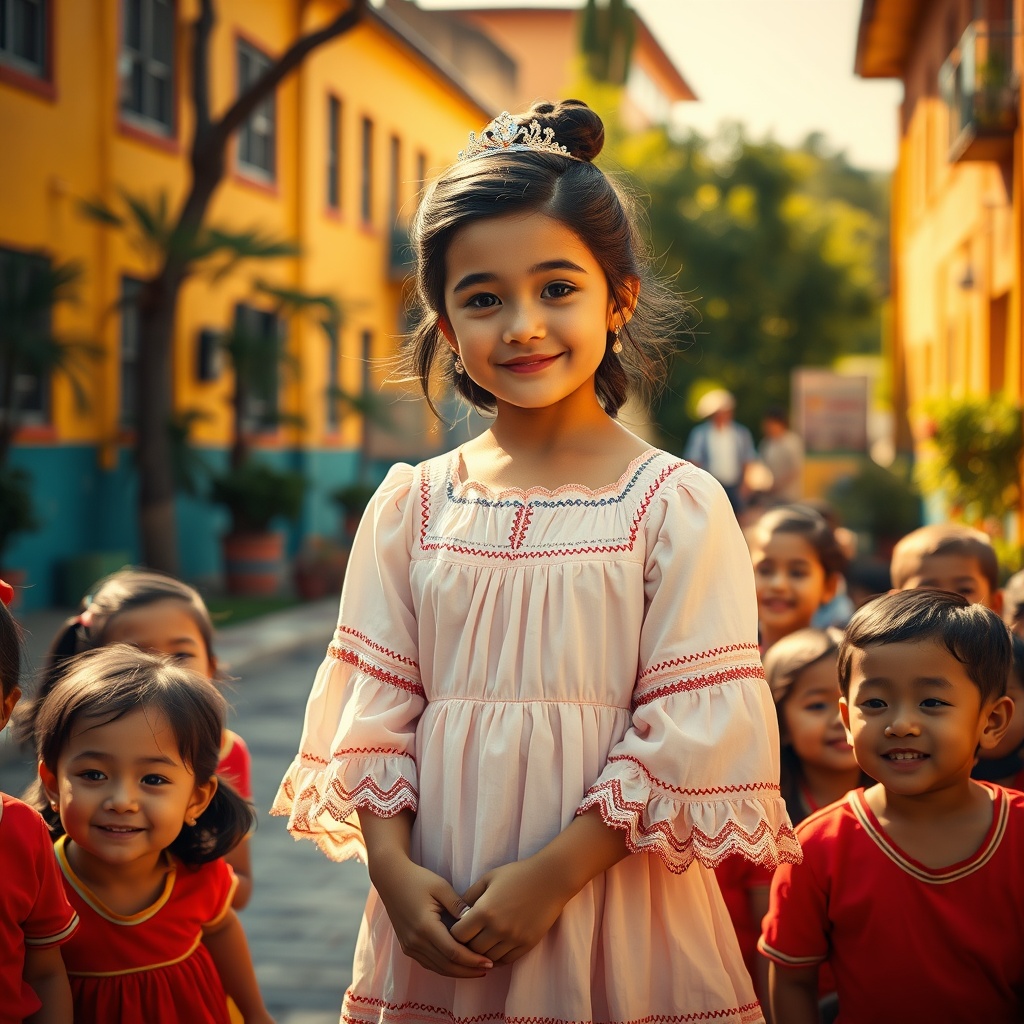 AI generated image by FLUX.1-schnell: A hyper-realistic outdoor scene in a colorful school yard under the warm, golden sunlight. In the center there is a person dressed as a princess character, modest and youthful inspired by Disney, with a traditional Mexican dress, a huipil, who appears as a girl, with a slightly large head that enhances her whimsical and endearing appearance. Her dress is simple but elegant, with soft pastel colors and delicate details that reflect innocence and charm. She wears a small, modest tiara and her expression is gentle and welcoming, blending in perfectly with the cheerful and down-to-earth surroundings. Around her are real student children in red or yellow uniforms, who interact with her with curiosity and enthusiasm, letting their emotions shine through. The background features vividly painted school buildings, lush greenery and textured surfaces, creating a harmonious mix of realism and subtle magic. The lighting is warm and dramatic, evoking the narrative style of Annie Leibovitz.
