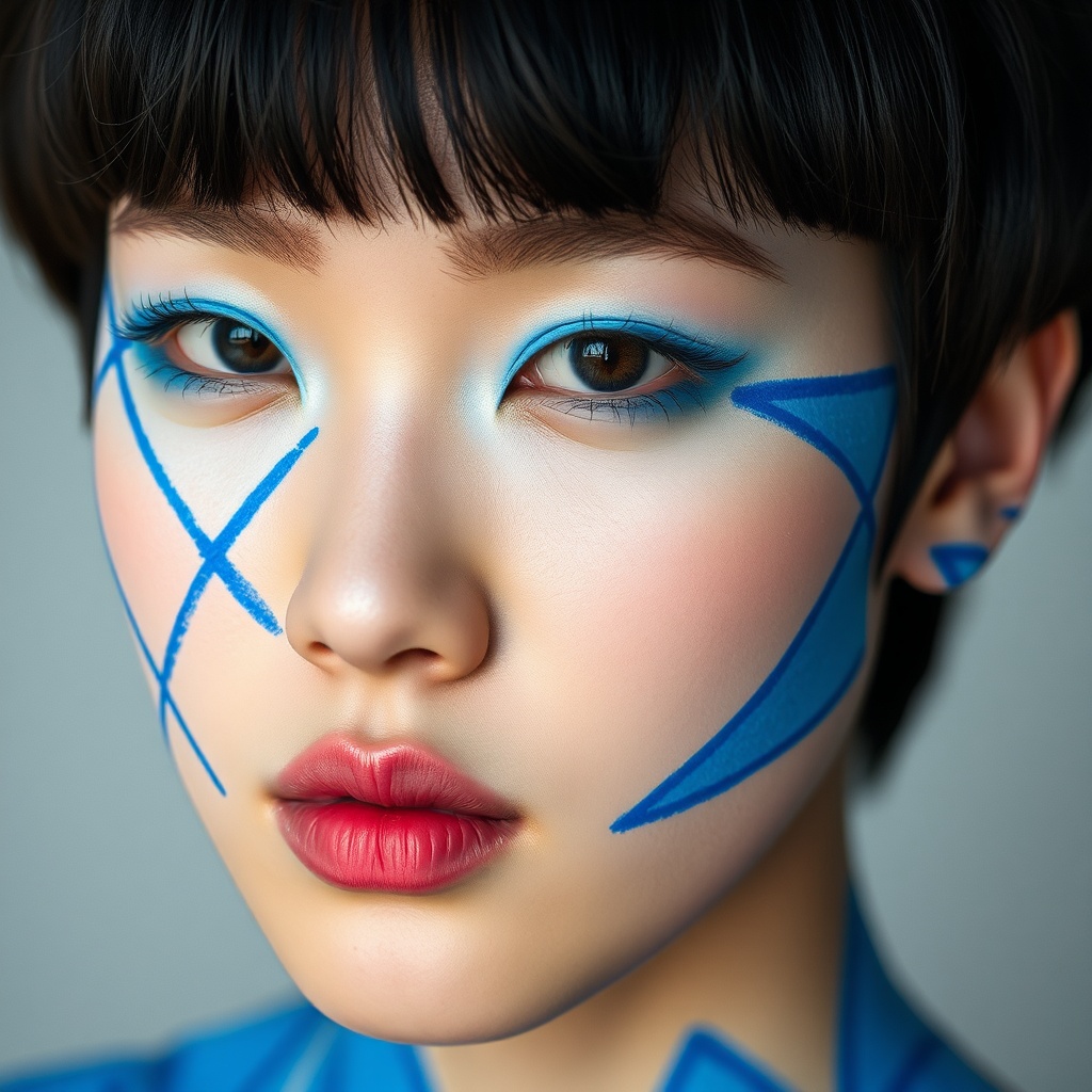 AI generated image by FLUX.1-schnell: masterpiece, best quality, ultra detailed, photorealistic, 16k uhd, high resolution

a young Korean woman with a short, bushy black haircut that covers her forehead. Her eyes are strikingly made up, with light blue shadows and black eyeliner. The woman is covered in blue paint, which creates an abstract geometric pattern that extends from her face to her neck. The pattern is made up of triangles, squares, and lines, all arranged in a pattern reminiscent of a mosaic or glass construction. The blue paint is a bright, saturated hue, which creates a strong contrast with the woman's pale skin. The lines of the paint are sharp and precise, suggesting that the woman applied it with care and precision. The eyebrows are lightly defined with a brown pencil, which is slightly darker than her black hair, but does not look too pronounced, creating a subtle effect. The eye makeup is concentrated on the blue eyeshadow that covers the mobile eyelid up to the crease line, with an intense finish, and the black eyeliner extends along the lash line, creating a smoky eye effect. The lip color is a deep blue that highlights the intensity of the face and creates a modern and bold makeup style, contrasting with the eye color and the style of the face paint. The intensity of the lip color also emphasizes the bright blue color that highlights the model's fair skin.

16k photograph. Highest resolution, high detail. High realism, depth of field, kodak portra 800, 105 mm f1. Ultra realistic. Ultra detail and texture. Hauntingly beautiful. Professional DSLR lighting and shadows, a hauntingly beautiful work of true and ethereal beauty depicting Celestial grandness. Luminous.
