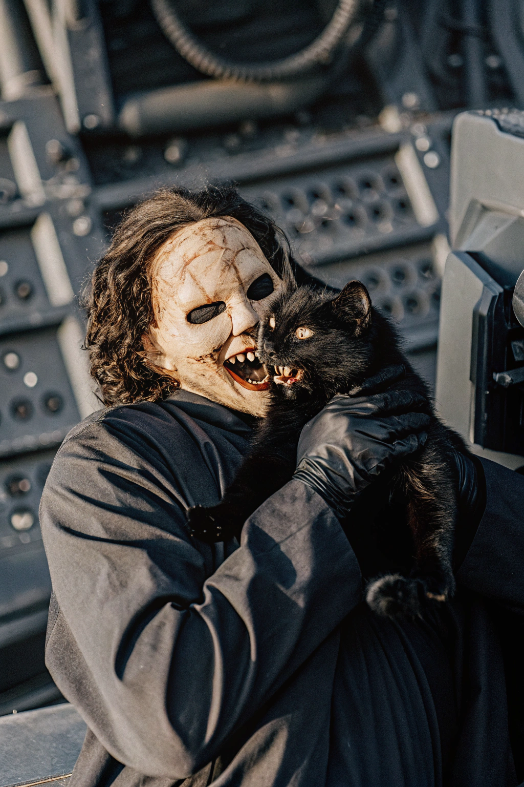 AI generated image by Red Panda AI: a cinematic shot of a psychological thriller featuring a horror sci-fi film still Leatherface with a skeleton face with a rotten skin texture holdind a black cat animal biting, black lips, in the style of futuristic contraptions, zbrush, photo-realistic techniques, eye-catching detail, color splash, photorealism, juxtaposition of hard and soft lines, expressive faces, Noise grain background, pointillism dots gradient, bokeh, in the style of futuristic cyberpunk, yanjun cheng, playful and colorful depictions, shoot with Canon Eos 5D camera, sharply angular facial features, a depth of field that adds a touch of eerie mystery, captured in the dark glow of natural lighting, muted color palette, ancient looking, sharp focus, intricately detailed , long exposure time, f/ 8, ISO 100, shutter - speed 1/ 125, photo-realistic techniques