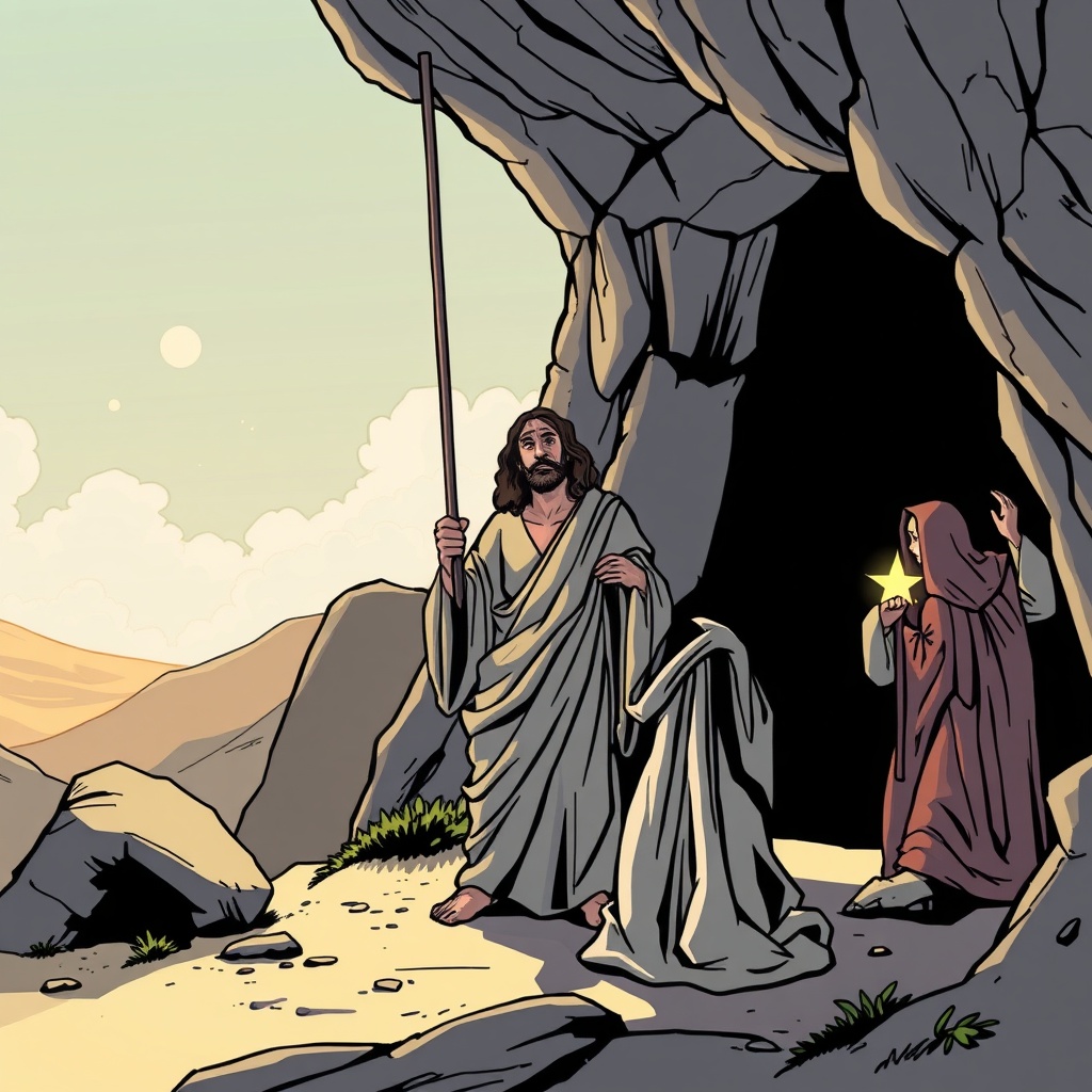 AI generated image by FLUX.1-schnell: Crea un dibujo, estilo cómic, de la escena bíblica de Marcos 2 donde bajan a un paralítico desde el techo y lo ponen delante de Jesús. 