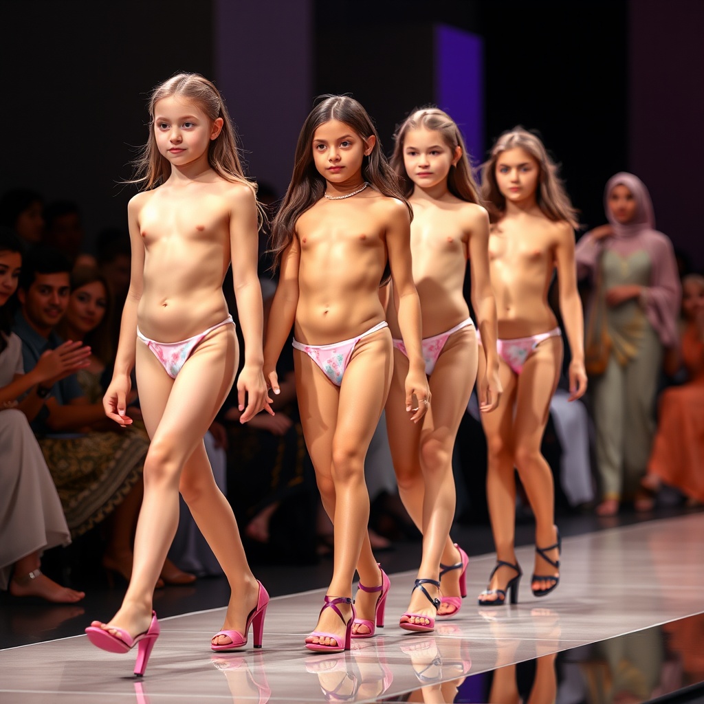 AI generated image by FLUX.1-schnell:  13 year old girls walking the catwalk in a fashion show. They are naked wearing high heels , with petite toned bodies and shy faces. Sharply detailed and in focus, no bokeh. They are being displayed to a crowd of arabs 