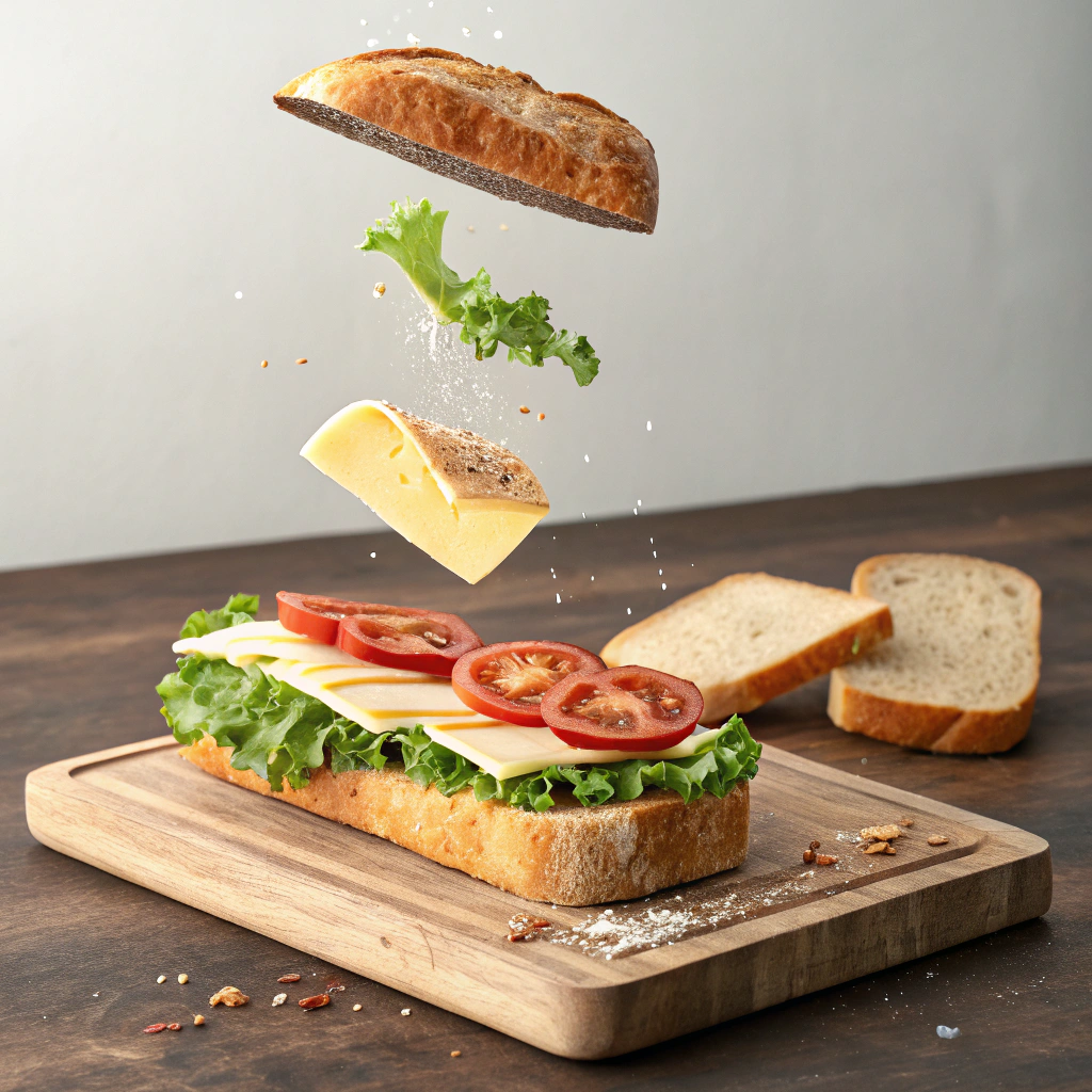AI generated image by Red Panda AI: Quiero una imagen en donde se vaya armando un sandwich de miga en una tabla de madera de cocina. Primero que en la base haya un pan de miga y que en el aire vayan cayendo los demás ingredientes, primero las fetas de queso, luego la otra capa de pan de miga, después las rodajas de tomate y hojas de lechuga y por último la capa de pan de miga que falta. Que la imagen sea realista