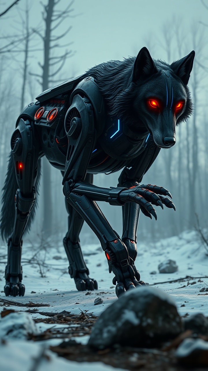 AI generated image by FLUX.1-schnell: A formidable cyborg wolf, its body a fusion of dark, articulated metal and glowing blue energy lines, walking purposefully through a desolate, snow-covered, post-apocalyptic forest. Its segmented body is angled slightly, one robotic paw raised, with glowing red optical sensors. Gritty, cinematic dystopian sci-fi."