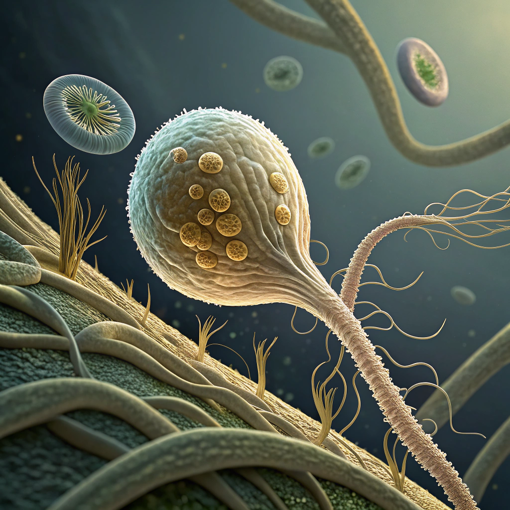 AI generated image by Red Panda AI: Create an artistic image depicting a phytoparasitic nematode of the species Meloidogyne in its globular female form. Emphasize the intricate, bulbous shape of the female body with detailed textures, highlighting its parasitic nature. Incorporate elements that evoke the microscopic environment of plant roots, such as a close-up view of plant cells or root structures entangled with the nematode. Use a color palette that accentuates the biological and organic essence of the scene, blending natural earth tones with subtle highlights to add depth and complexity