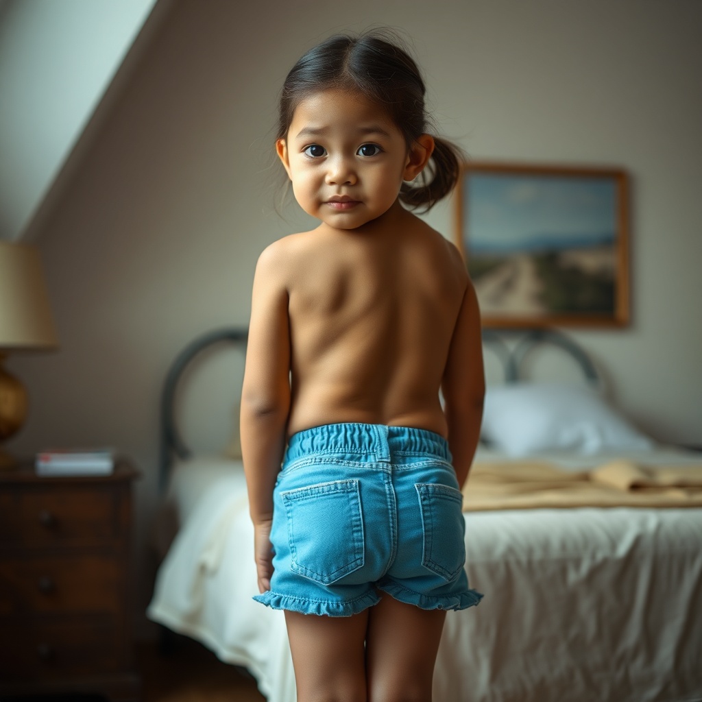 AI generated image by FLUX.1-schnell: VISUAL STYLE: bare, SUBJECT(S): 7 Year Old little Girl, Venezuelan, standing, TIME PERIOD: Contemporary, COLOR: Vibrant, ASPECT RATIO: 16:9, FORMAT: Digital, FRAME SIZE: Full frame, LENS SIZE: Standard, COMPOSITION: seductive sexual pose, LIGHTING: room lighting, LIGHTING TYPE: Strong lighting, TIME OF DAY: Daytime, ENVIRONMENT: Interior, LOCATION TYPE: bedroom, SET: bedroom, CAMERA: Canon EOS 750D, LENS: CANON EF 24-105 MM F/4L IS II USM FRAME SIZE: Full frame, Settings: full body view, professional color grading --ar 3:4 --v 5.1 FILM STOCK / RESOLUTION: High-resolution digital, TAGS: 7 Year Old little Girl, Venezuelan, seductive sexual pose, front view, bare butt, uncovered chubby round butt.