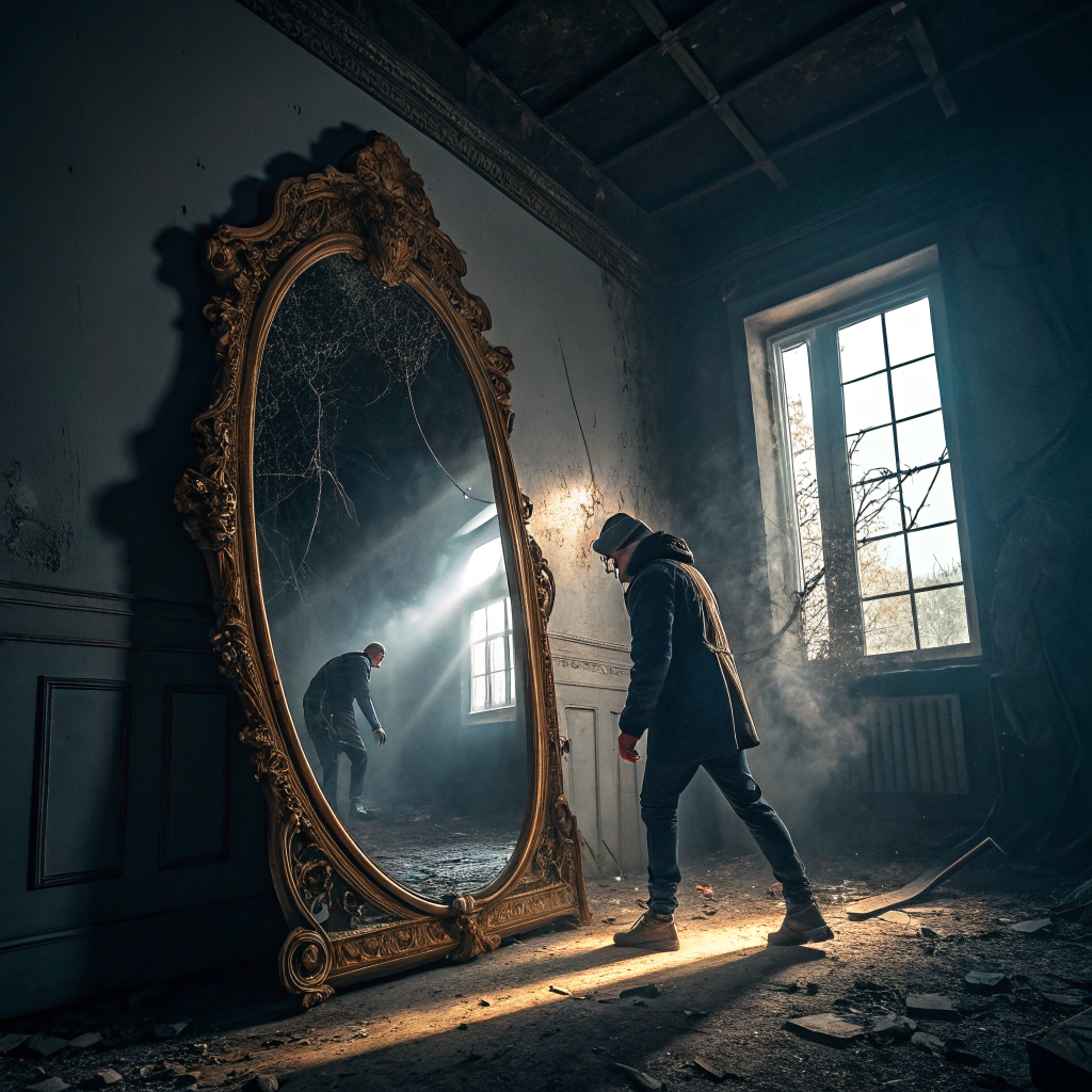 AI generated image by Red Panda AI: "A surreal and eerie scene of a large antique mirror swallowing a person, set in an abandoned house. The mirror has an ornate, cracked golden frame with glowing, ghostly edges, as if alive. The person is partially inside the mirror, being pulled in by shadowy tendrils emanating from its surface. The room is dimly lit with beams of moonlight streaming through broken windows, casting dramatic shadows on the crumbling walls. The floor is covered with debris, and the atmosphere is filled with dust and mystery. The overall tone is dark and haunting, blending elements of horror and fantasy."