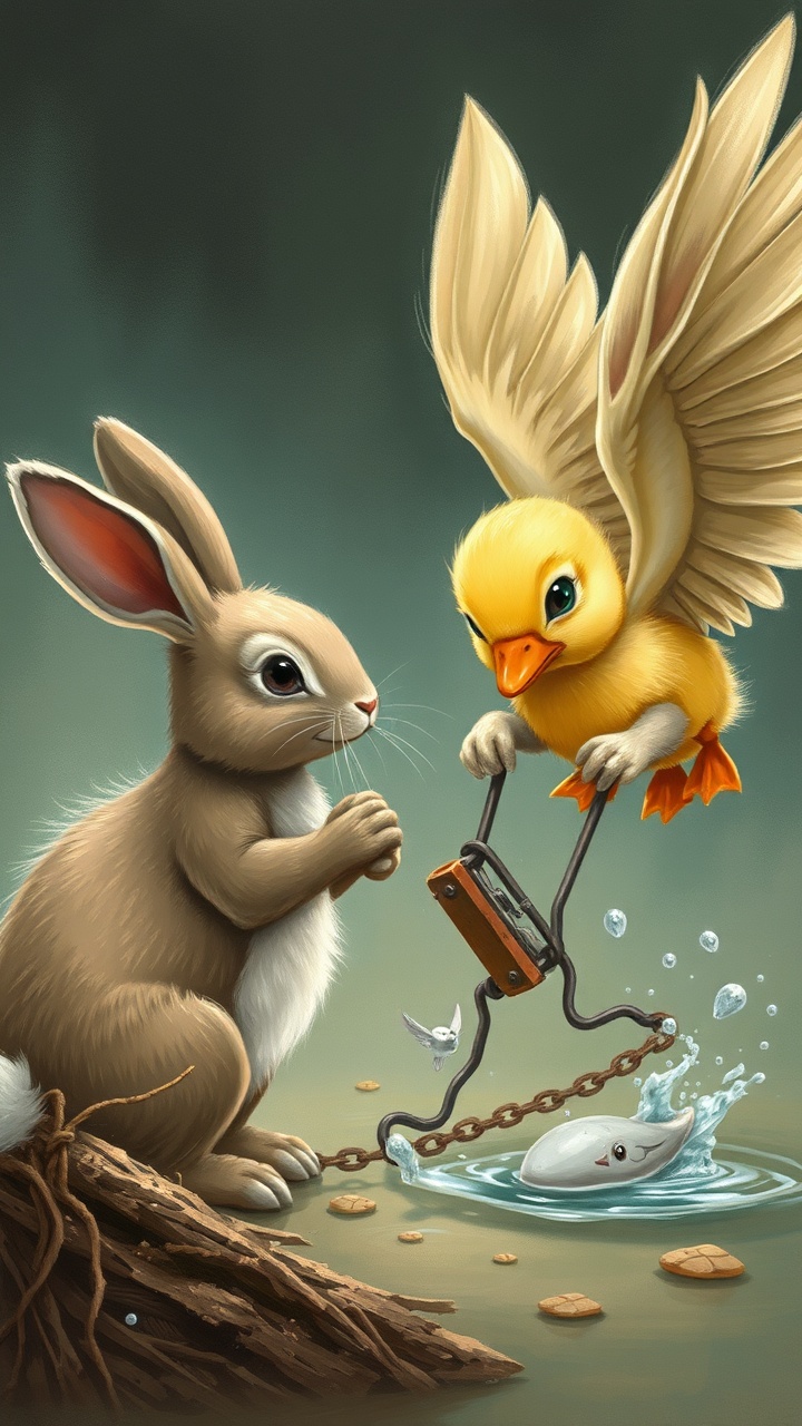 AI generated image by FLUX.1-schnell: Just when the rabbit was about to give up, a familiar sound echoed through the air—flapping wings. The little duckling, now stronger and more confident, had returned. It landed near the rabbit, taking in the situation. Without hesitation, it began pecking at the trap’s mechanism with its sharp beak. CLACK! A tiny shift. CLACK! Another peck. Finally, with a metallic snap, the trap loosened, and the rabbit pulled its leg free. The two friends locked eyes, a deep understanding passing between them. They had saved each other.