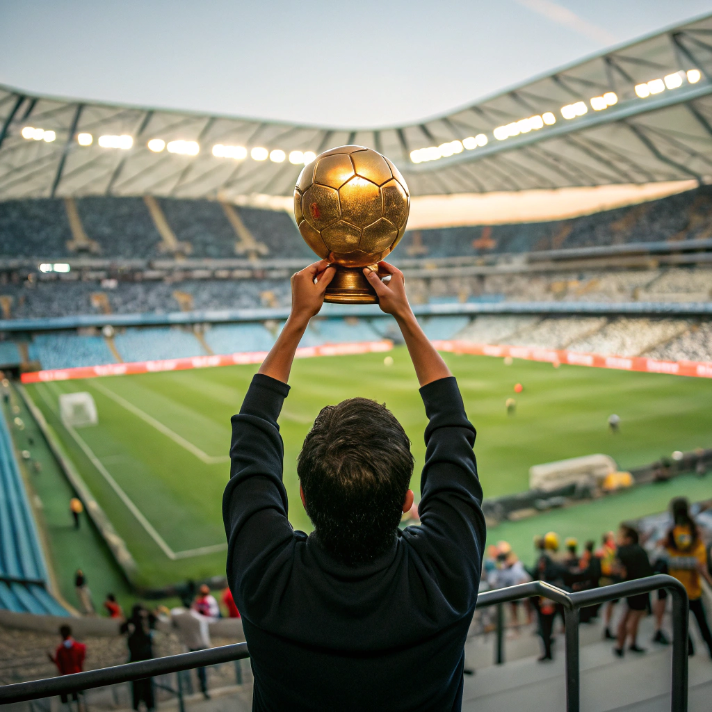 AI generated image by Red Panda AI: um humano segurando uma bola de ouro em um estadio de futbol