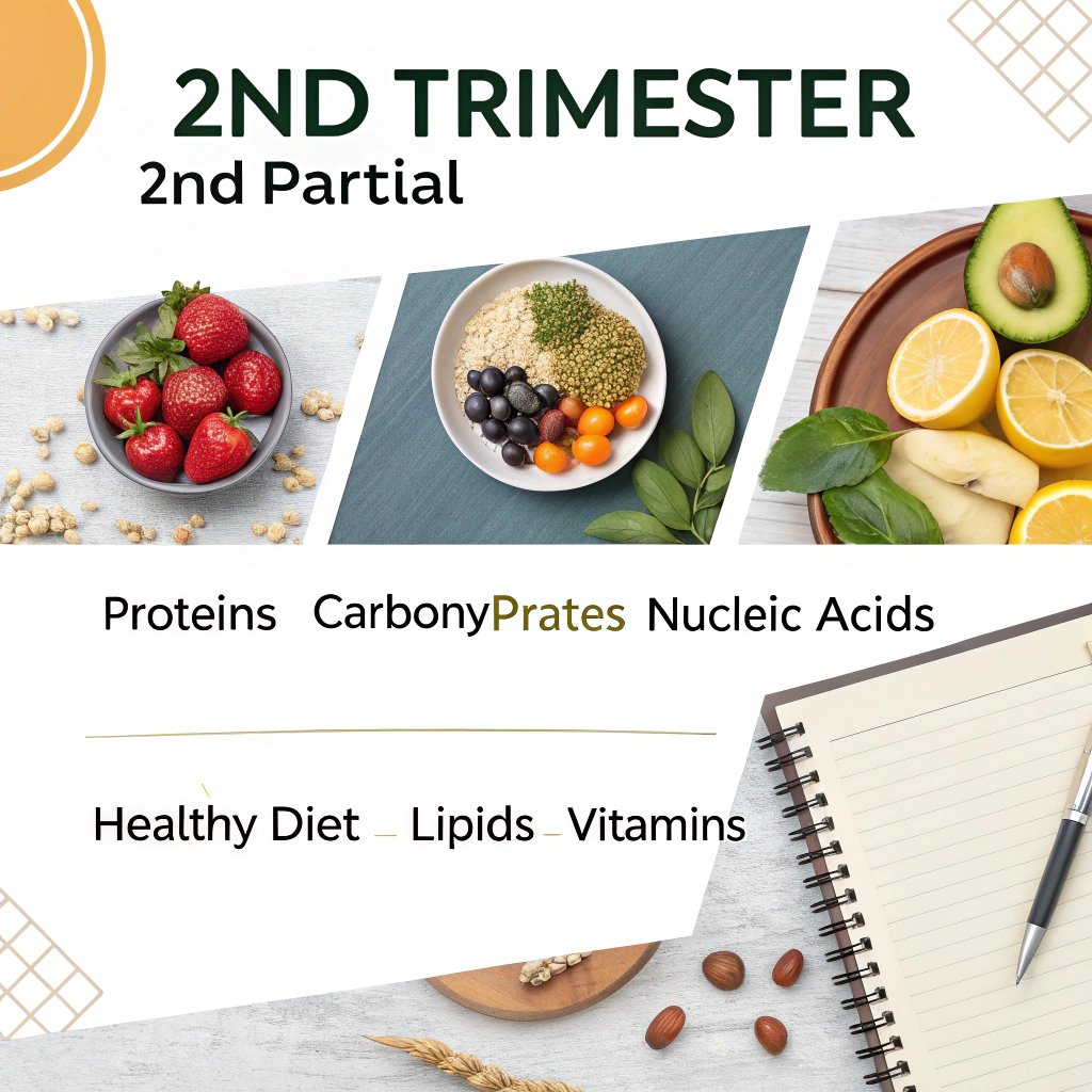 AI generated image by Red Panda AI: generate a cover page for the chemistry subject that contains: 
1. 2 trimester
2. 2 partial, 
3. images and little information about: proteins, carbohydrates, nucleic acid, a healthy diet, lipids and vitamins