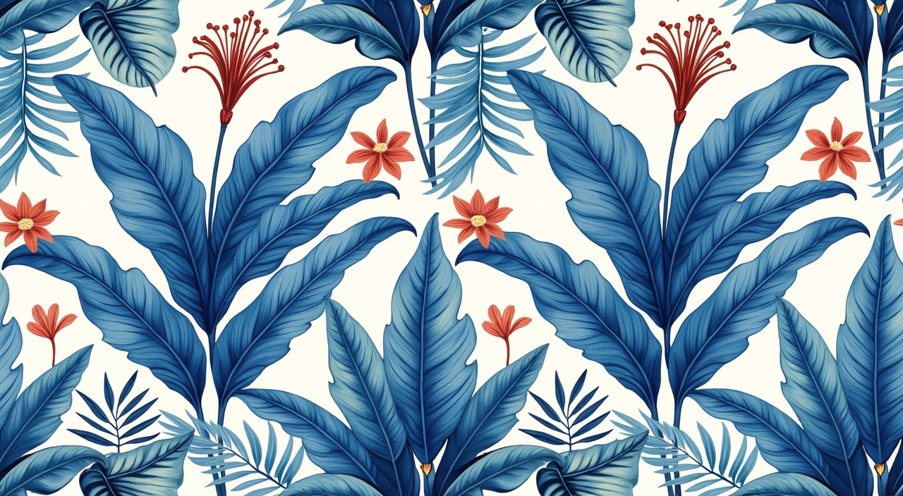 AI generated image by FLUX.1-pro: toile de Jouy, bleu sur fond blanc, papier peint dense style végétal avec fleurs et plantes tropicales.