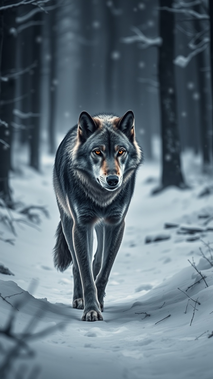 AI generated image by FLUX.1-schnell: sleek, powerful gray wolf walking purposefully through a dense, snow-covered forest, its breath visible in the cold air. Its body is angled slightly, one paw raised, alert and focused. Ethereal forest lighting, realistic nature photography.