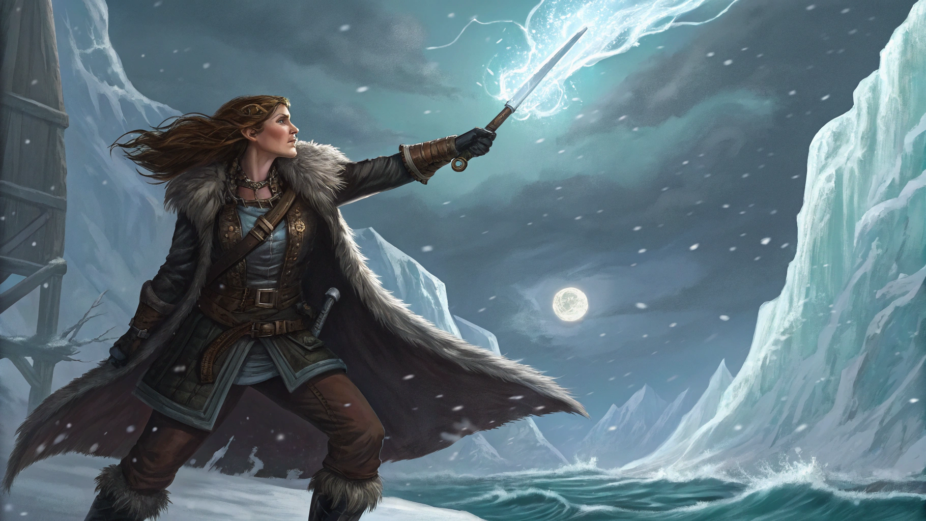 AI generated image by Red Panda AI: a woman pirate with brown hair, ice around her, she has a fur coat and pirate armor, epic scene, she's casting an ice spell, epic scene, D&D art style