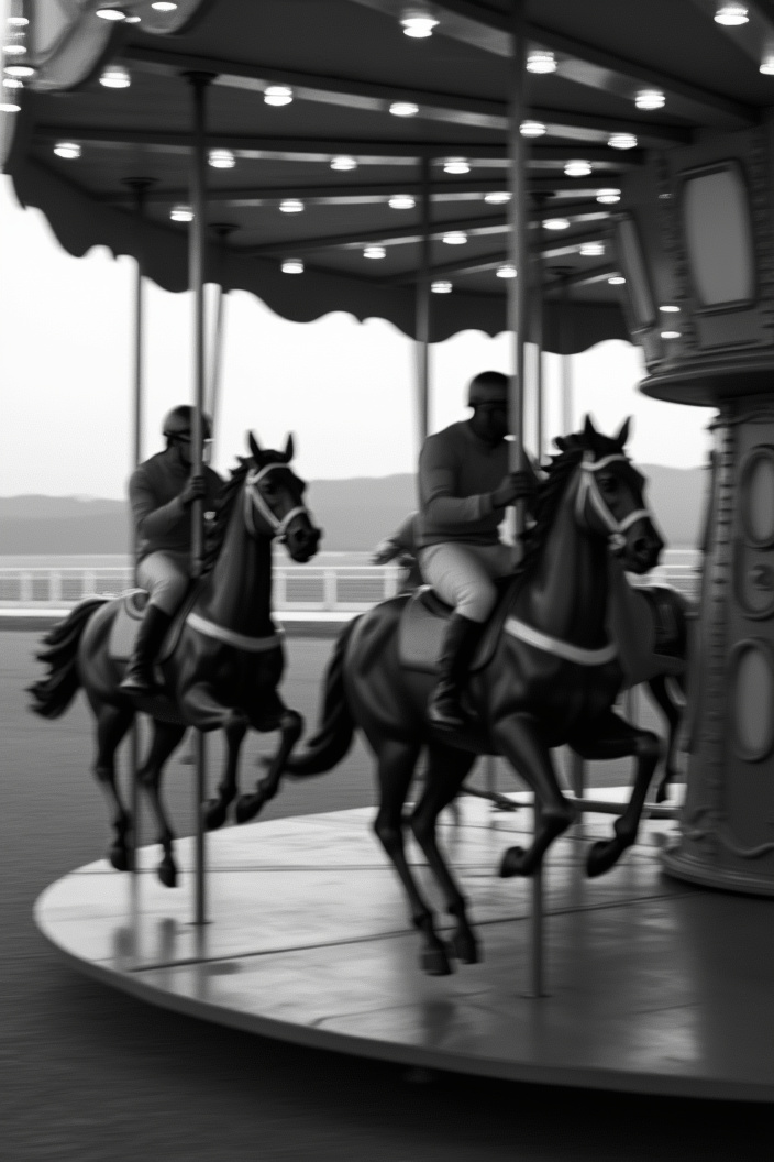 AI generated image by FLUX.1-pro: A closeup black and white photo of jockeys riding carousel. The race contest is very intense and dramatic. Depth of field. Motion blur. Backlight 