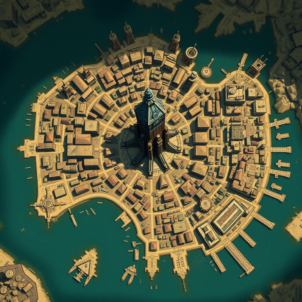 AI generated image by FLUX.1-schnell: TTRPG overhead map of sprawling city with multiple social and economic districts. There should be a large onyx tower in the center and a dock district on the right side. Similar to maps made by WOTC.