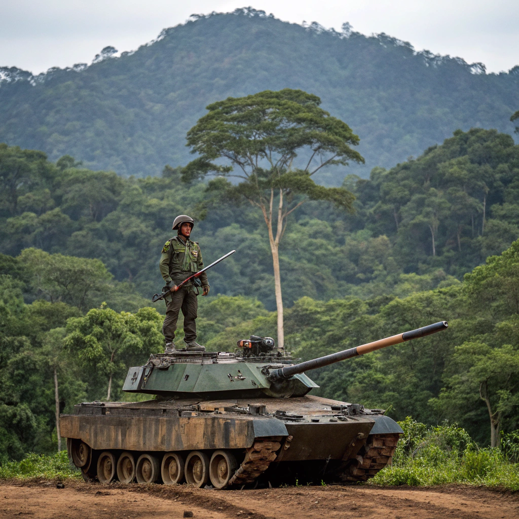 AI generated image by Red Panda AI: crie um soldado do exército brasileiro segurando uma espada em pé em cima de um tanque de guerra no meio de uma clareira na Amazônia. 