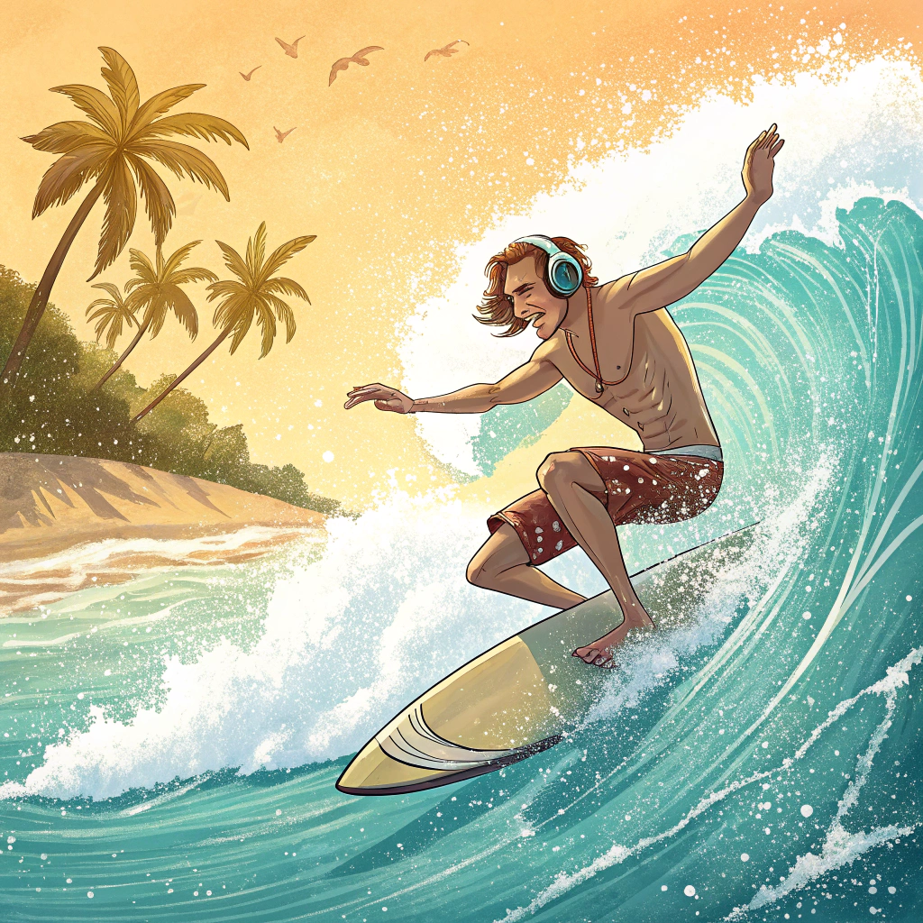 AI generated image by Red Panda AI: Surfista sem camisa e usando fone de ouvido, surfando uma onda perfeita com a água cristalina, e praia ao fundo com areia, coqueiros e sol.