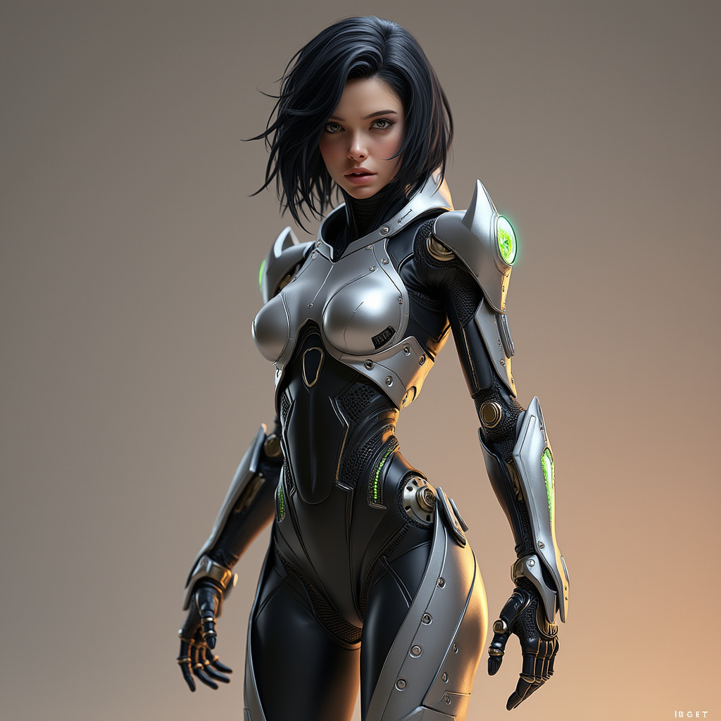 AI generated image by FLUX.1-pro: Create a full-body, hyper-realistic depiction of Alita from Alita: Battle Angel. She features an agile and sleek appearance, with a strong focus on advanced cybernetic enhancements. Her body is constructed with polished metallic and carbon-fiber materials, and her limbs showcase mechanical, cybernetic actuators that enhance strength and flexibility. Subtle glowing circuitry runs along her limbs, highlighting the seamless integration of technology.

Her joints and limbs emphasize mechanical strength, with visible cybernetic muscle systems designed to mimic natural movement. The exoskeleton features intricate, layered plating that adapts to her movements, offering protection without hindering agility. Her head retains human-like qualities, with large expressive eyes that display digital data overlays, maintaining her signature appearance from the film.

Alita is outfitted in a futuristic, tactical combat suit, designed for mobility and protection. The suit incorporates advanced materials and includes energy blades integrated into her forearms, as well as propulsion systems on her legs for enhanced combat capabilities. Her pose should reflect her readiness for action, while emphasizing her mechanical agility and strength, avoiding any provocative or adult themes.