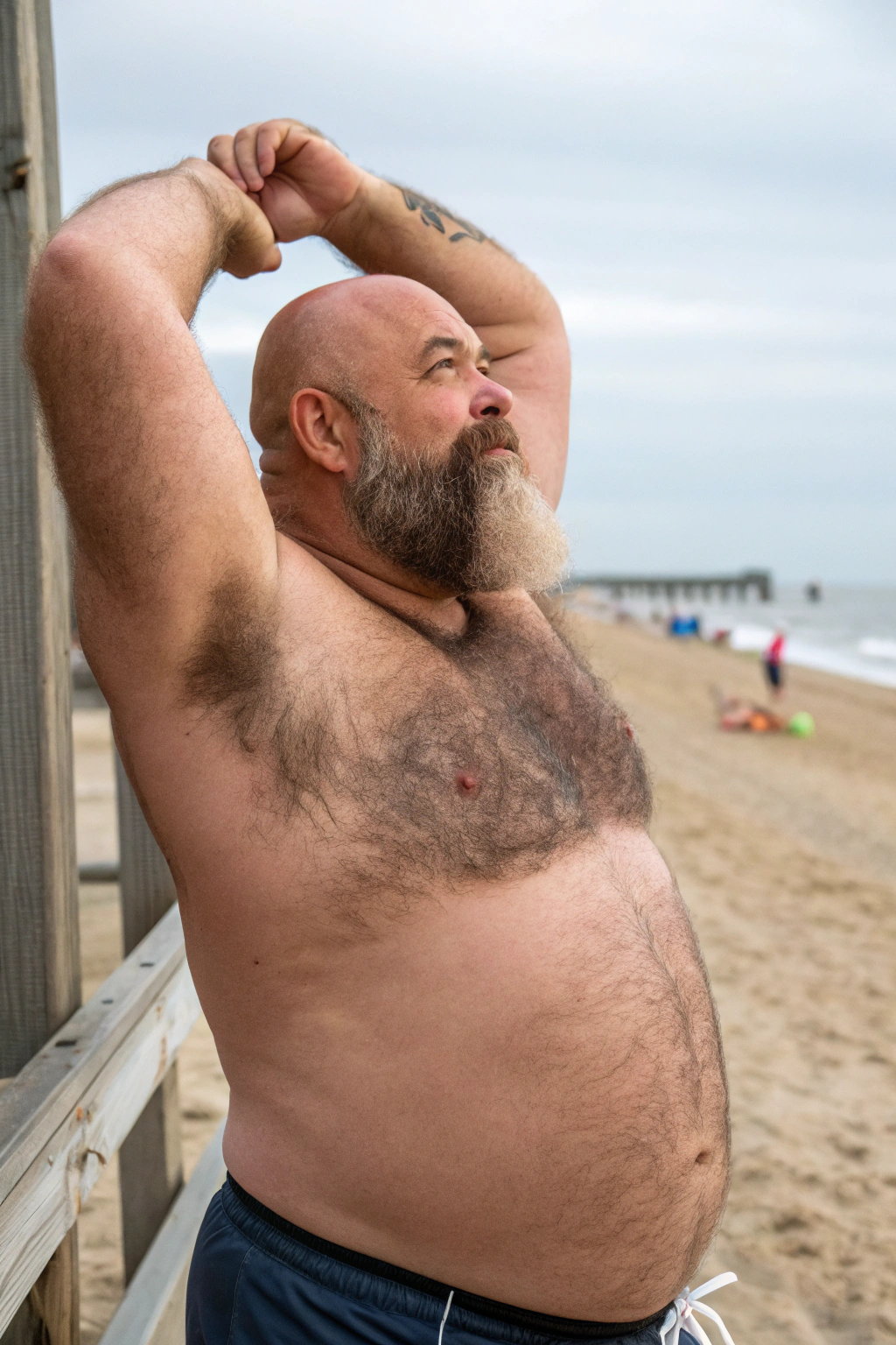 AI generated image by Red Panda AI: a bulky and slightly overweight 50 year old hirsute butcher at the beach stretching. Man has heavy amount of body hair, hairy chest pattern, expanding his bloated heavy bearded-belly, bald head, brown and white goatee