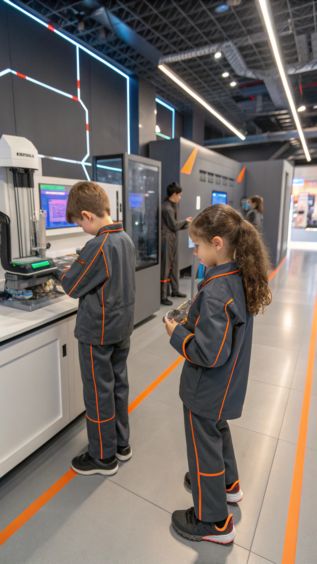 AI generated image by Red Panda AI: Laboratorio futuristico de química en el que se vean niños no reconocidos cin un uniforme gris oscuro con líneas naranjas

