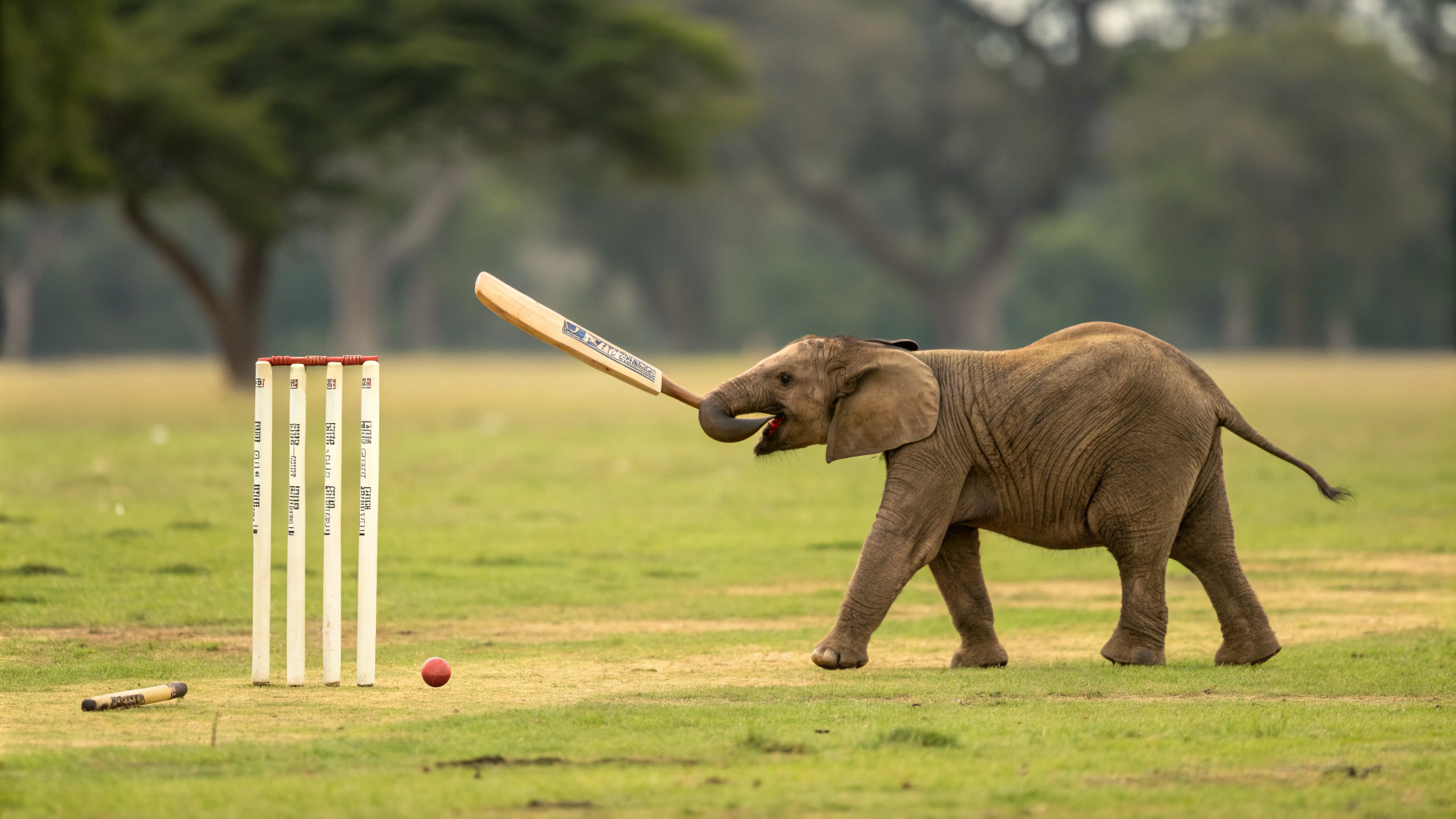 AI generated image by Red Panda AI: elephant calf playing cricket