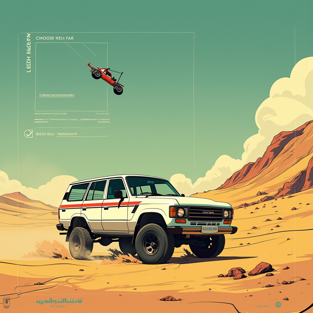 AI generated image by FLUX.1-pro: an Arabic poster illustration in the style of Stefan Glerum + Barkley Hendricks of a storyboard of a futuristic Bedouin heist Mafia and racing game, 90s white landcruisers and Toyota century, boxes read "choose car" and "choose weapon", race livery, cinematic, cerulean + faded yellow + jade green + cream white + cherry red, a white landcruiser is popping a wheelie and leaned on its side two wheels drifting