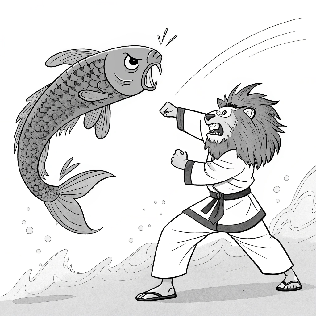 AI generated image by Red Panda AI: Erstelle ein Bild im Manga -Stil von einem Fisch und einem Löwen, die gemeinsam gegen unsichtbare Gegner Karate kämpfen 