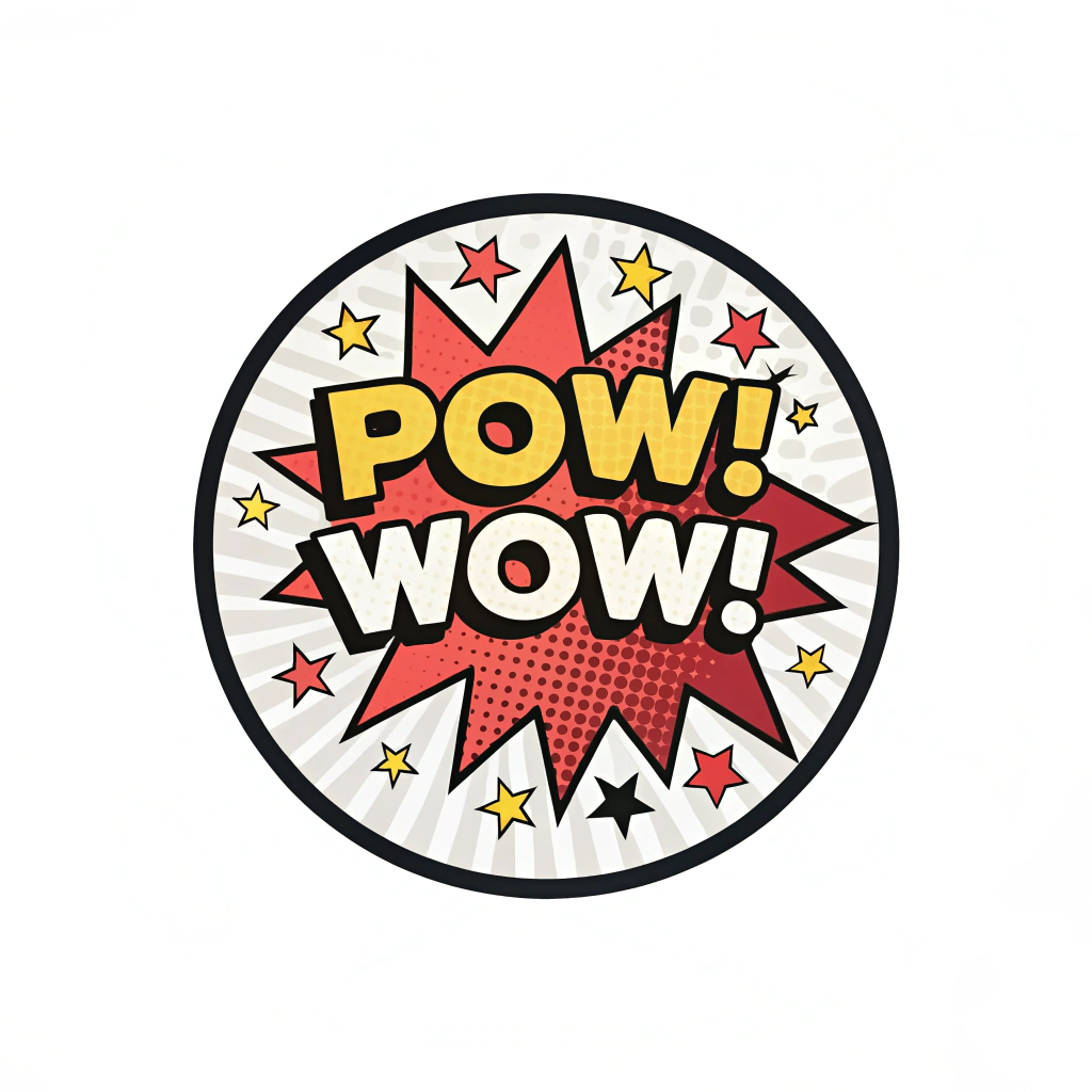 AI generated image by Red Panda AI: BAM! POW! WOW! graphic as a circle logo on white


