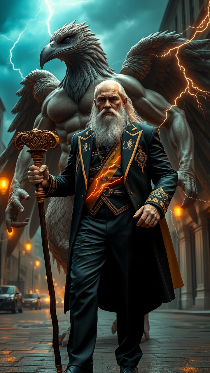 AI generated image by FLUX.1-schnell: Full body hyper-realistic cinematic artwork of Zeus in dark mafia style. Strong older man with long white hair and beard, stern expression, wearing an elegant black and gold tailored suit with glowing lightning embroidery. He holds a glowing staff. Behind him stands a massive muscular thunderbird-hybrid with humanoid torso, broad chest, and giant wings crackling with divine lightning. Full body view, gothic city street with stormy skies, ultra-detailed, cinematic realism.