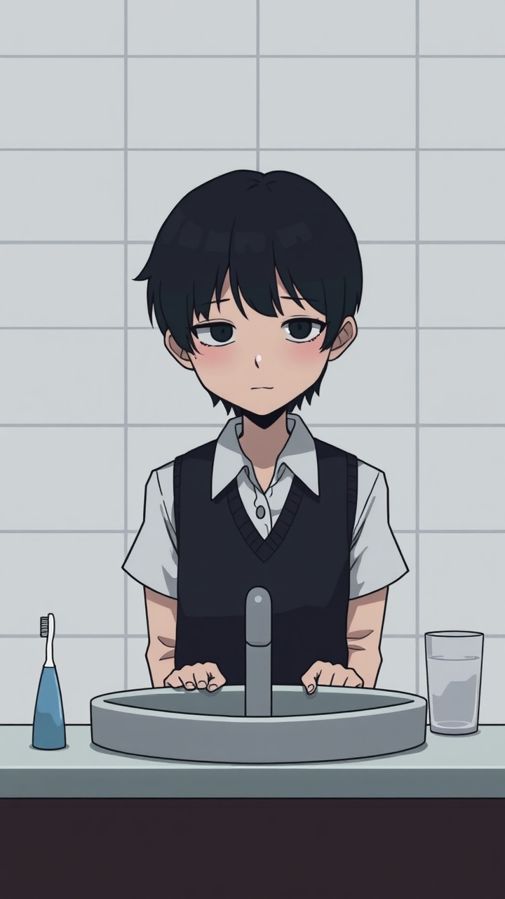 AI generated image by FLUX.1-schnell: Omocat's omori game artstyle, The image depicts a young person standing behind a bathroom sink, their expression somber. Their dark hair is neatly styled, and they are dressed in a white shirt with a dark vest. The tiled walls behind them are plain and featureless, creating a sense of isolation. The only other elements in the scene are a toothbrush and a glass on the counter, suggesting a routine that the individual may find difficult to engage in. The overall mood of the image is melancholic, hinting at a sense of loneliness or sadness. The subdued colors and minimalist composition further contribute to the somber atmosphere.  The image leaves room for interpretation, inviting viewers to consider the inner thoughts and feelings of the subject.