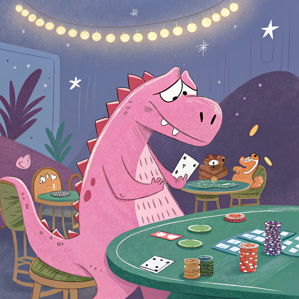 AI generated image by Red Panda AI: quiero un dinosaurio jugando poker color rosa y drogado 