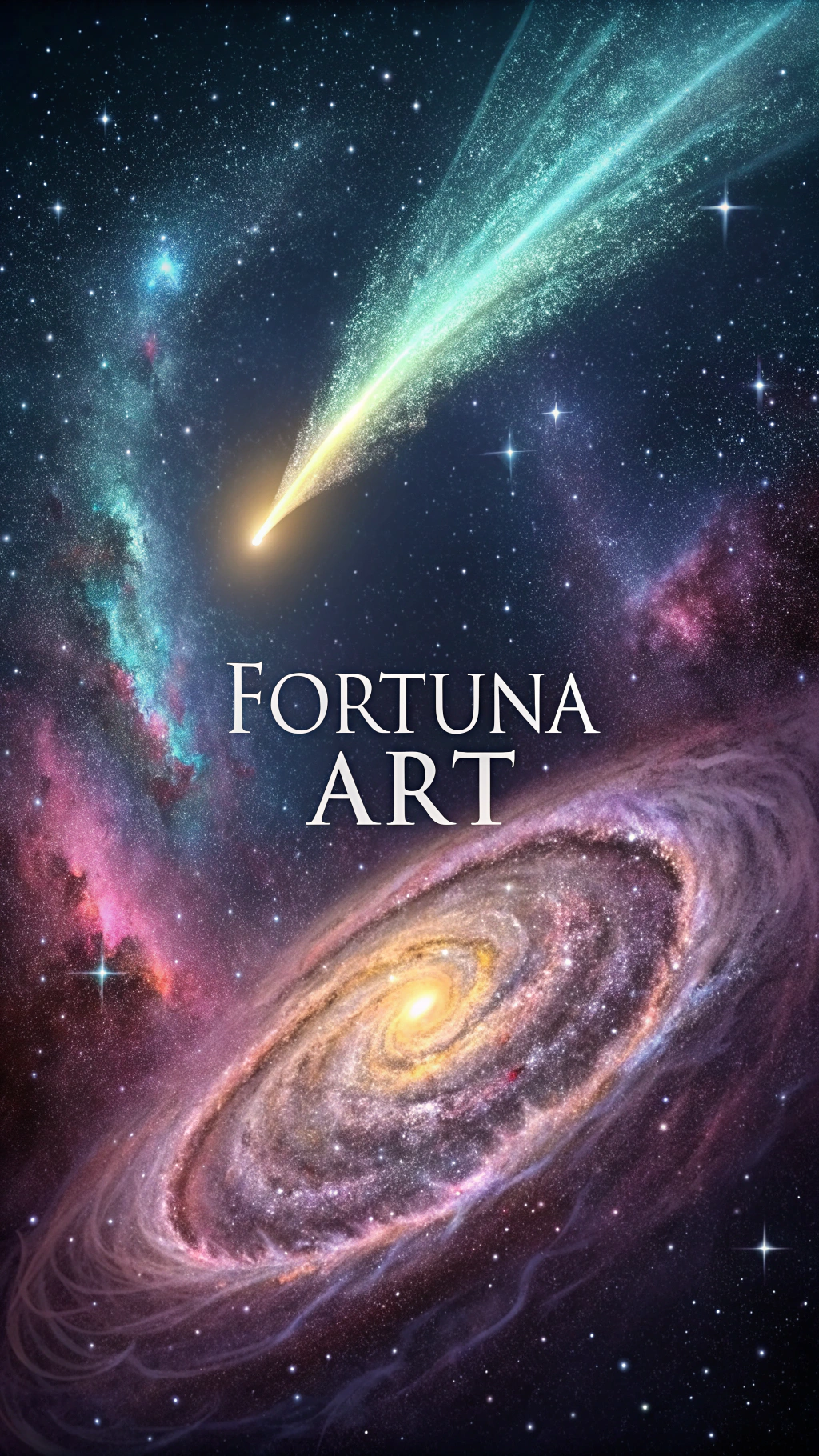 AI generated image by Red Panda AI: Comet in galaxy with text FORTUNA ART
