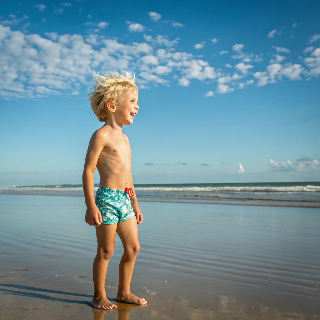 AI generated image by Red Panda AI: garçon de six ans blond en mini maillot de bain sur la plage