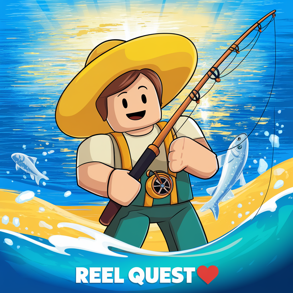 AI generated image by ideogram 2.0: A stylized Roblox-style fisherman with a wide-brimmed yellow hat and a joyful expression holds a fishing rod, standing confidently on the vibrant green shoreline. The background showcases a sparkling blue ocean with golden sunlight reflecting off the gentle waves, while a few silver fish leap out of the water. Bright, warm colors enhance the lively atmosphere, making the scene pop with energy and fun. "Reel Quest 🎣🌊", illustration