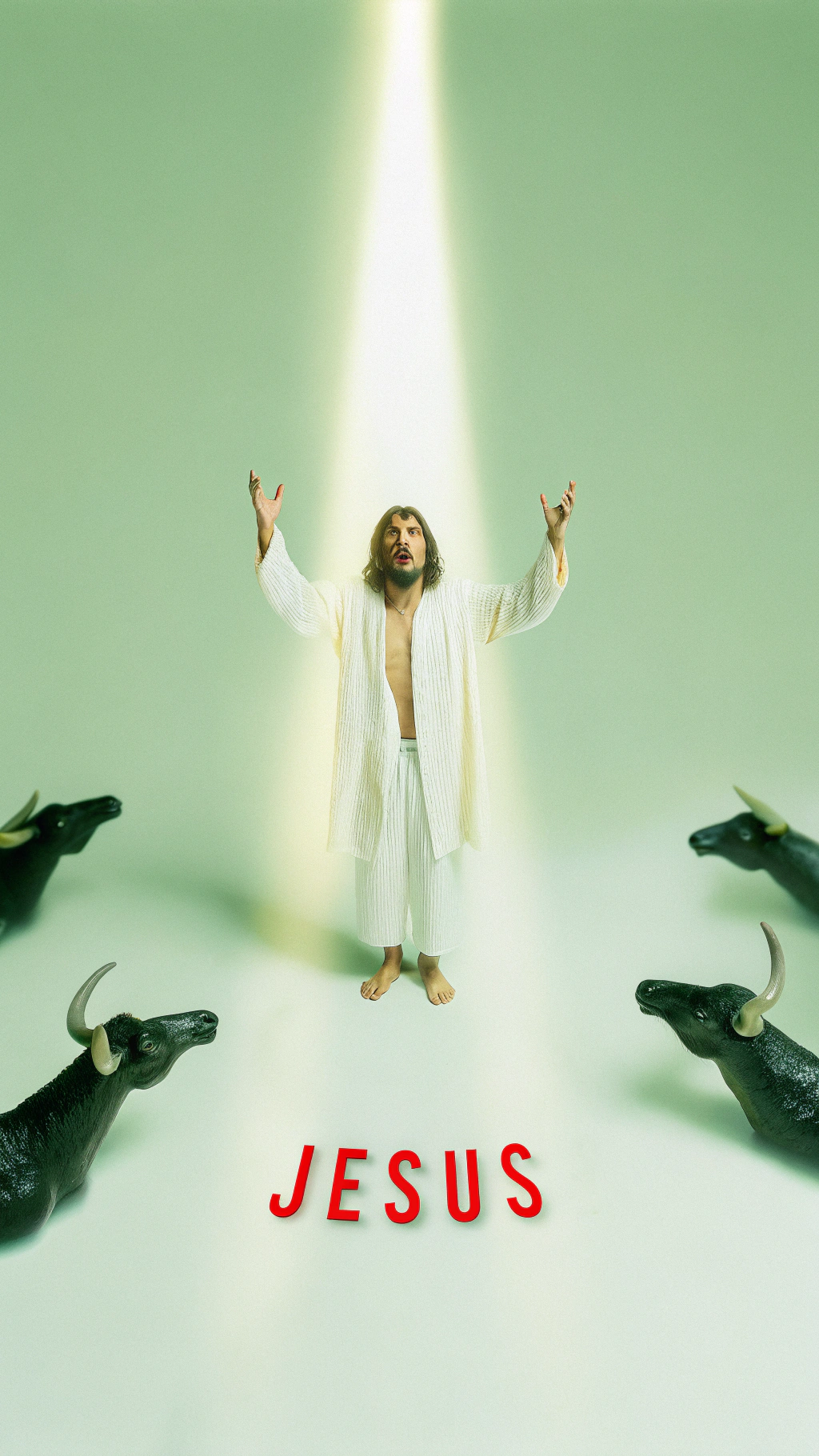 AI generated image by Red Panda AI: Usa la imagen más impactante (la de Jesús rodeado de toros oscuros con luz desde el cielo) y añade en la parte inferior en rojo intenso