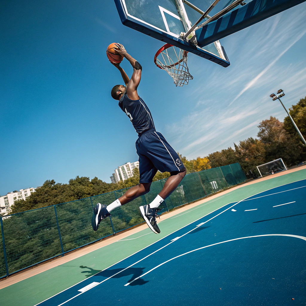 AI generated image by Red Panda AI: Generate a photo-realistic scene of a basketball player in mid-air, executing a powerful dunk. He wears a dark blue uniform that starkly contrasts with the vivid bright blue and forest green of the court, with silver streaks that add a metallic sheen to the composition. The player's motion is captured in a freeze-frame of intense energy, his muscles taut and his face focused on the basket ahead. The background should subtly blur, emphasizing the speed and agility of his movement while keeping the player sharply in focus. This high-energy, colorful scene conveys the excitement of a crucial game moment, filled with dynamism and vibrant hues.