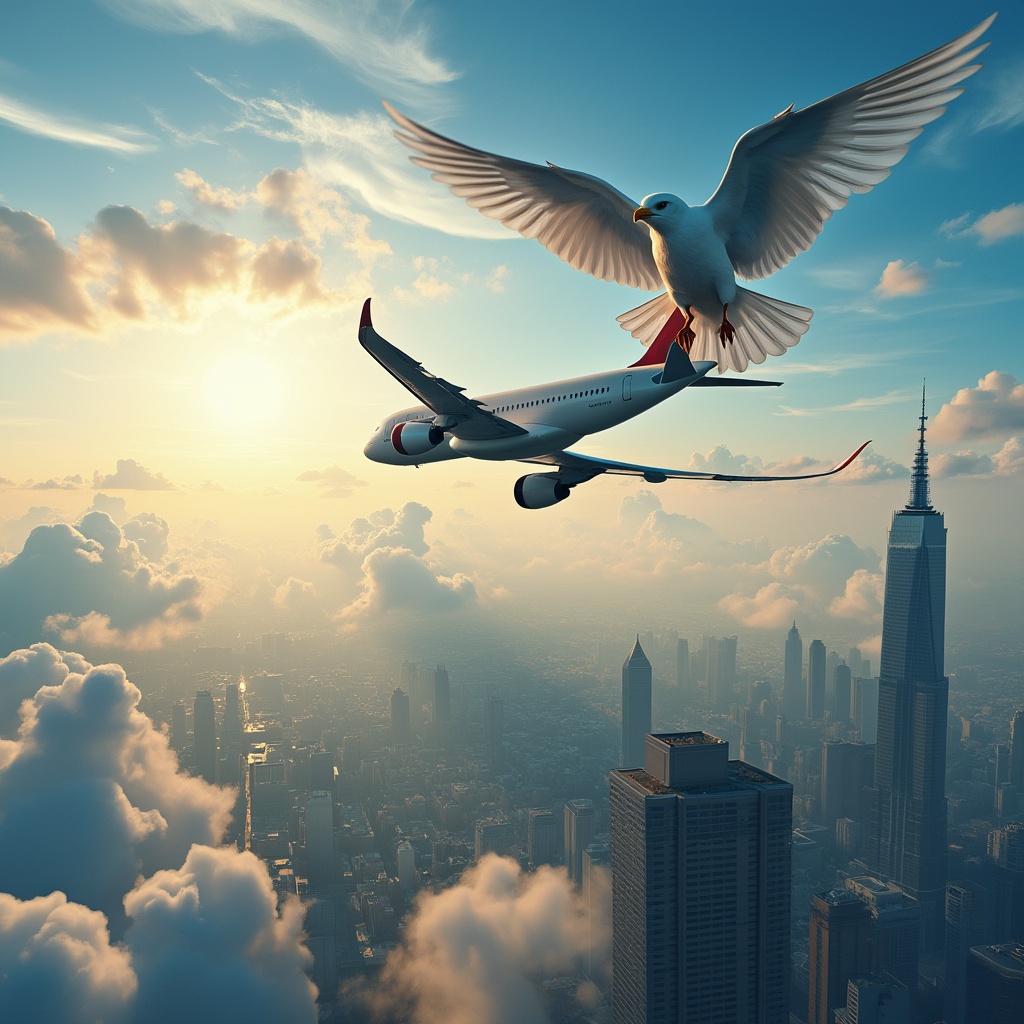 AI generated image by FLUX.1-pro: Create a photo of a bird and a plane, flying together above a city on a sunny day with some clouds