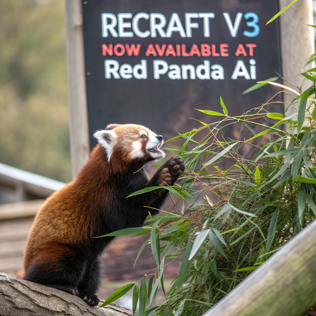 AI generated image by Red Panda AI: a red panda eating a bamboo in front of a poster that says "recraft V3 now available at red panda ai
