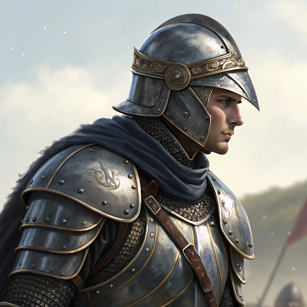 AI generated image by FLUX.1-schnell: Realistic Lancelot illustration with a full knight armour including a helmet