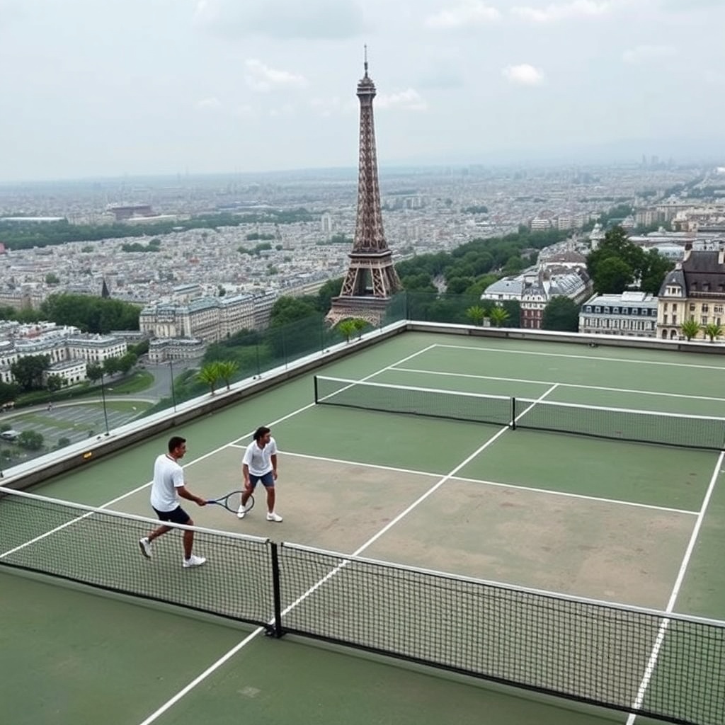 AI generated image by FLUX.1-schnell: Exactly 2 guys playing tennis (not discussing or doing something else, 1 on 1 side of the court, the other on the other side of the court) on a large, private rooftop terrace or a temporary platform built on the Champ de Mars (the lawn beneath the Eiffel Tower) in Paris, France. A fantastic view of Paris below. 
