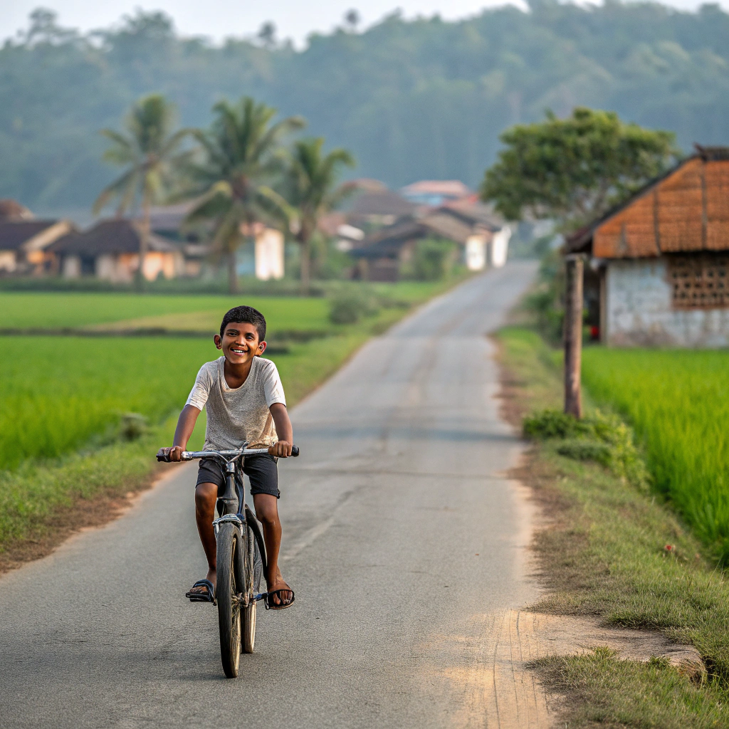 AI generated image by Red Panda AI: A 11 year old indian boy cycling on indian village road 
