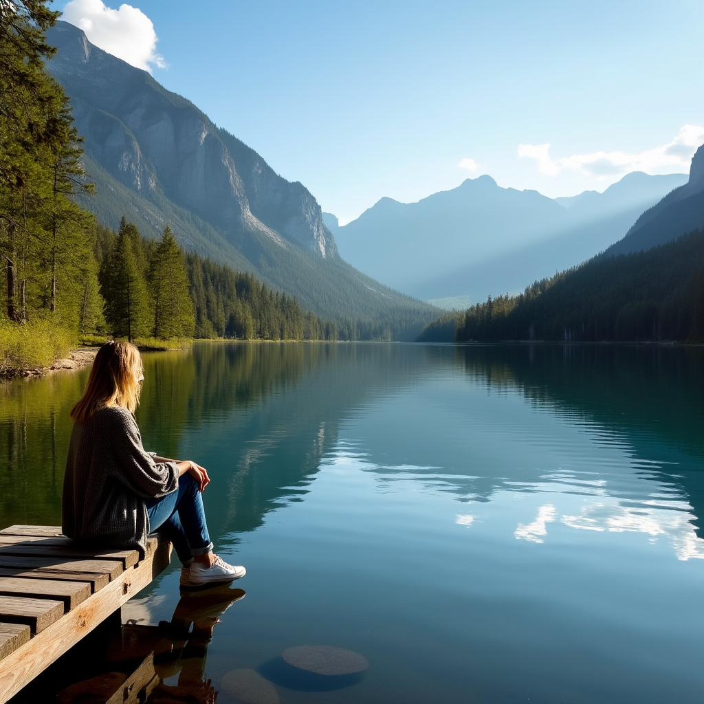 AI generated image by FLUX.1-pro: Clear blue sky with a few soft clouds casting gentle shadows on a tranquil lake surrounded by lush green trees and tall mountains in the background. A wooden dock extends slightly over the water, with reflections of the trees and mountains mirrored perfectly in the calm surface. In the foreground, a person sits on the edge of the dock, legs dangling, looking out over the lake, wearing a cozy sweater and jeans. The light is warm and golden, suggesting early morning or late afternoon, adding a soft glow to the scene.