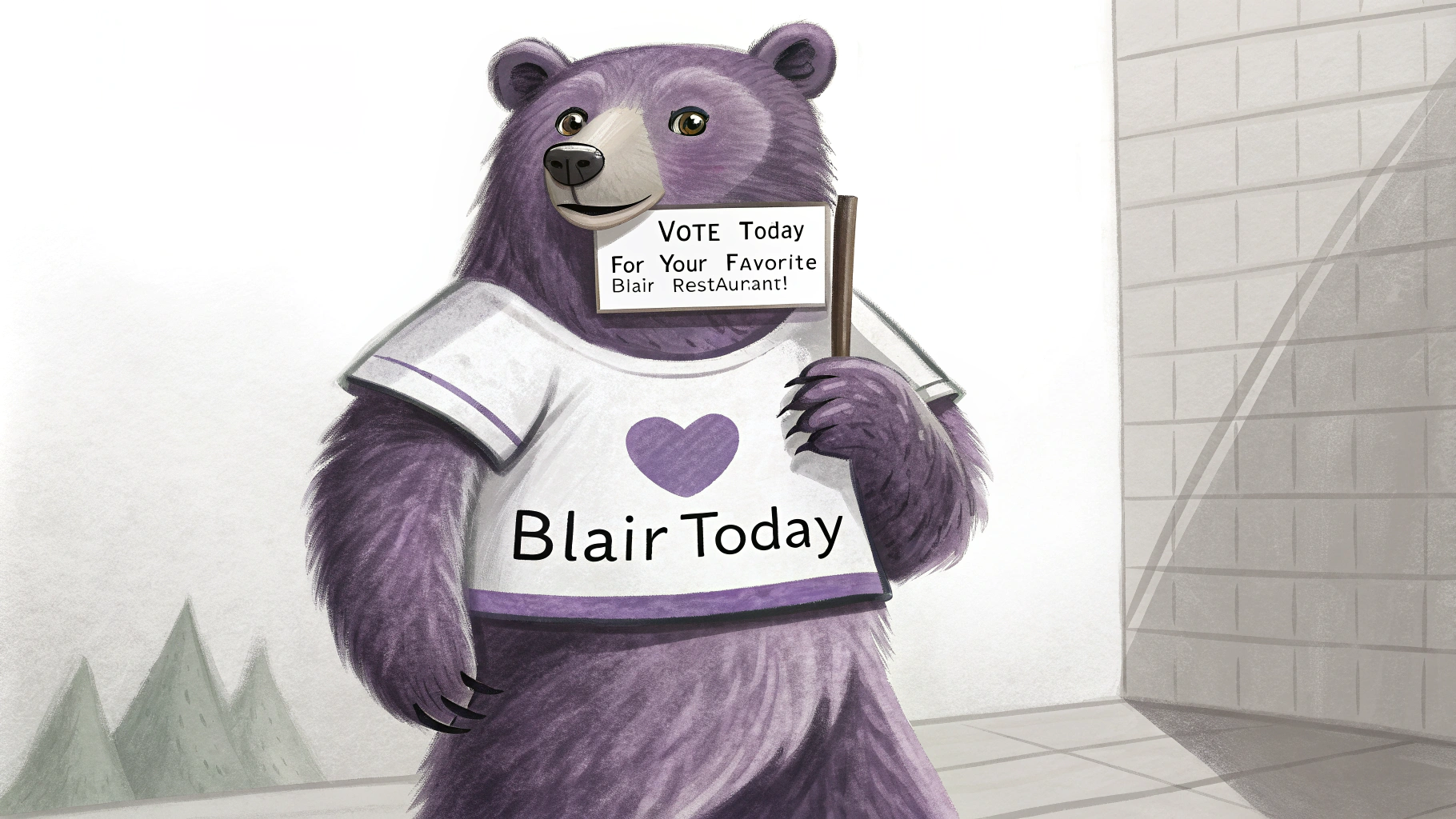 AI generated image by Red Panda AI: Realistic Purple bear wears a shirt that says "BlairToday".  The realistic purple bear holds a sign that says, "Vote Today for Your Favorite Blair Restaurant!"