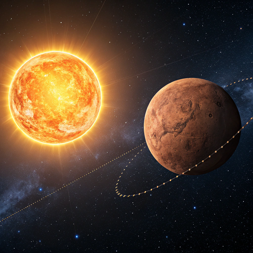 AI generated image by Red Panda AI: Quiero una imagen del Sol y el planeta Marte. Quiero que el sol aparezca a la parte izquierda pegado al borde de la imagen, y el planeta Marte aparezca a la derecha pegado al borde derecho de la imagen. Y que entre el Sol y marte haya una distancia
