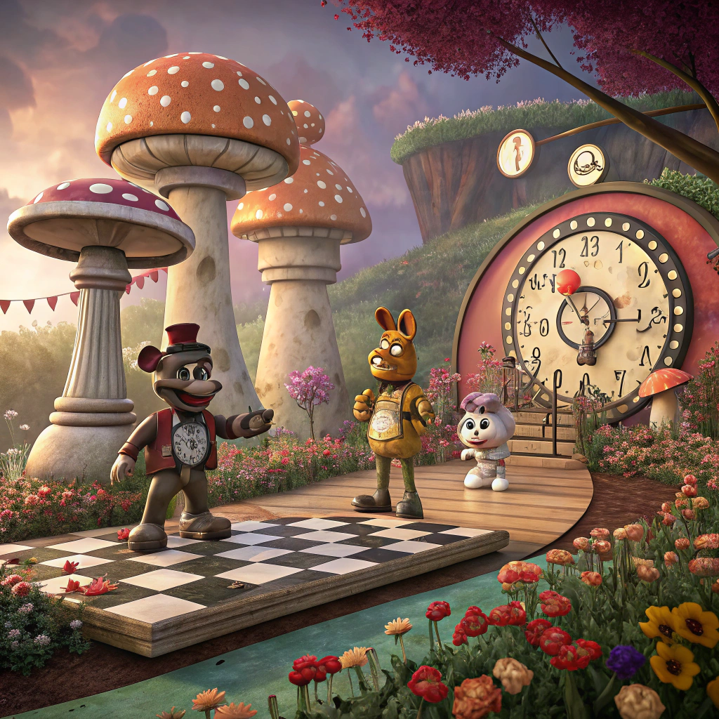 AI generated image by Recraft V3: a fnaf pizzeria show stage with a style of wonderland decor concept art detailed 