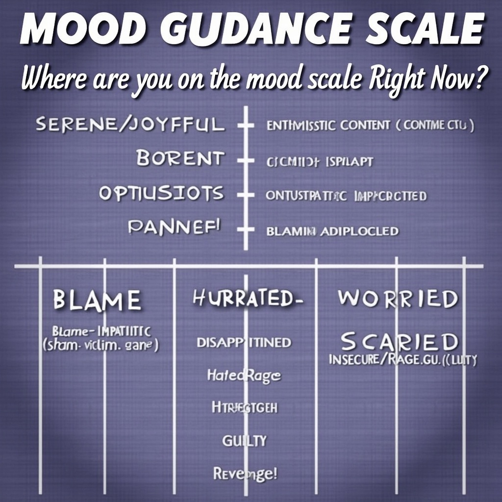 AI generated image by FLUX.1-pro: MOOD GUIDANCE SCALE
Where are you on the mood scale Right Now?
SERENE/JOYFUL/BE HERE NOW
ENTHUSIASTIC OPTIMISTIC CONTENT BORED ANGRY (Yang energy)
PESSIMISTIC FRUSTRATED
IMPATIENT DISAPPOINTED BLAME- (shame, victim, game)
WORRIED SCARED HATRED/RAGE REVENGE
INSECURE/GUILTY 