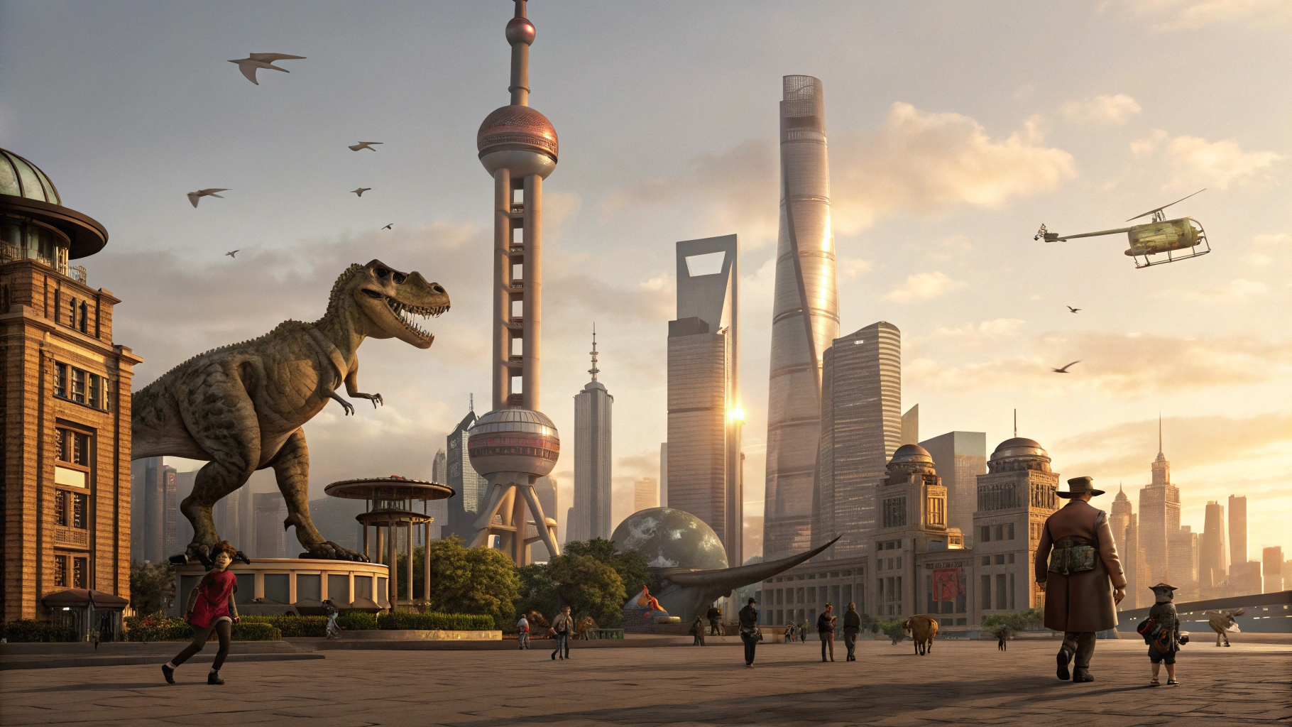 AI generated image by Red Panda AI: Steampunk Shanghai Lujiazu skyline, dinosaurs and humans coexisting peacefully, brass and copper buildings, mechanical gears, steam-powered airships, oriental architecture with Victorian elements, T-Rex wearing top hat walking among people, flying pterodactyls between skyscrapers, Pearl Tower with brass clockwork, steam vents, dramatic lighting, cinematic composition, golden hour, high detail, 8k, epic scale 