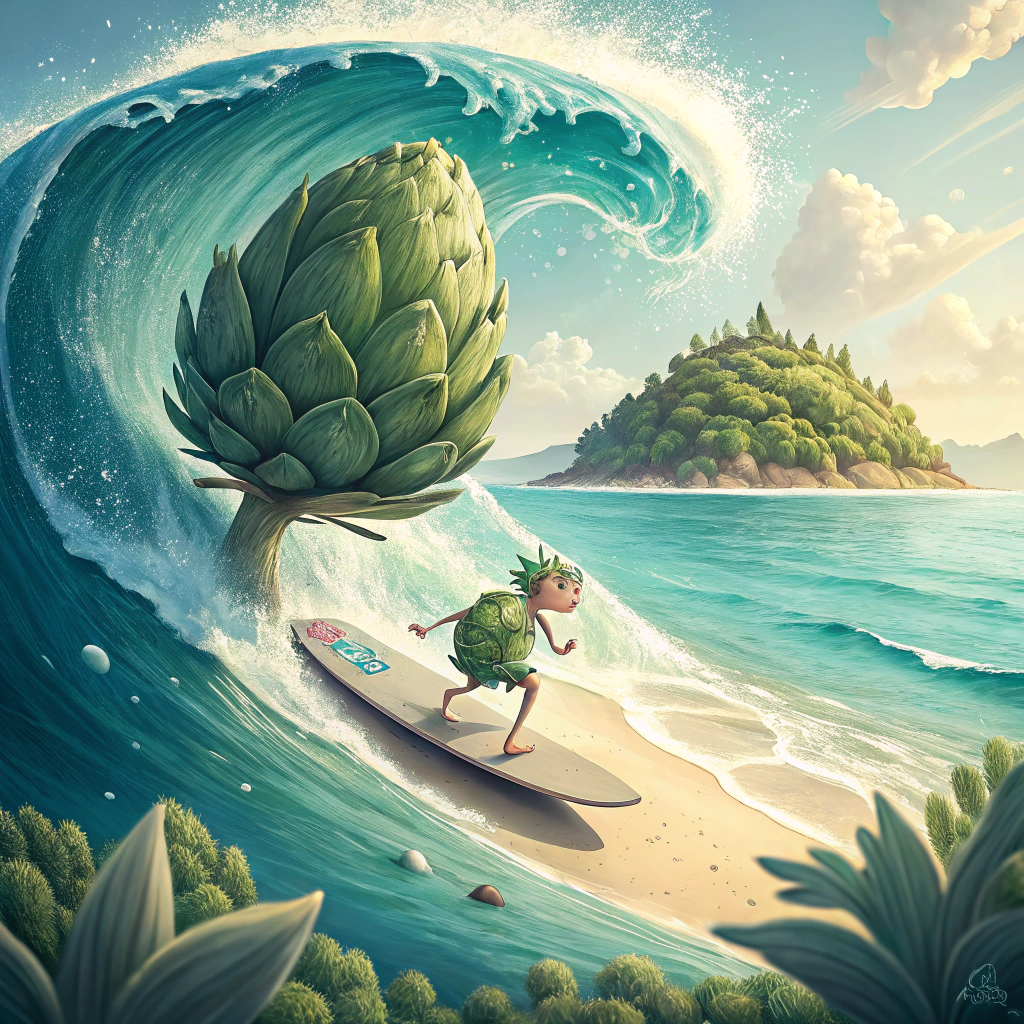 AI generated image by FLUX.1-schnell: an artichoke surfing a pretty wave with an island in the background 