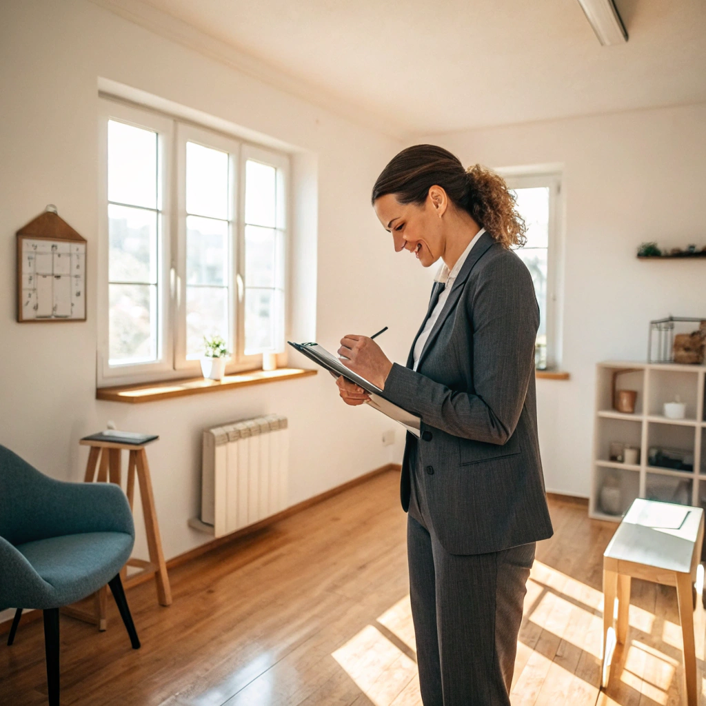 AI generated image by Red Panda AI: une femme agent immobilier en train de faire l'état des lieux d'un appartement modeste